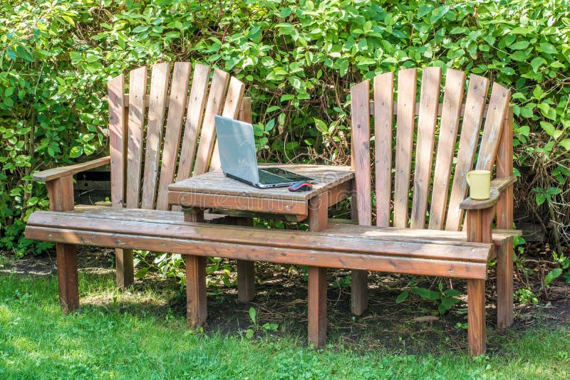Home Office in Your Own Garden with Garden Bench and Laptop Stock Image Image of chair, rest