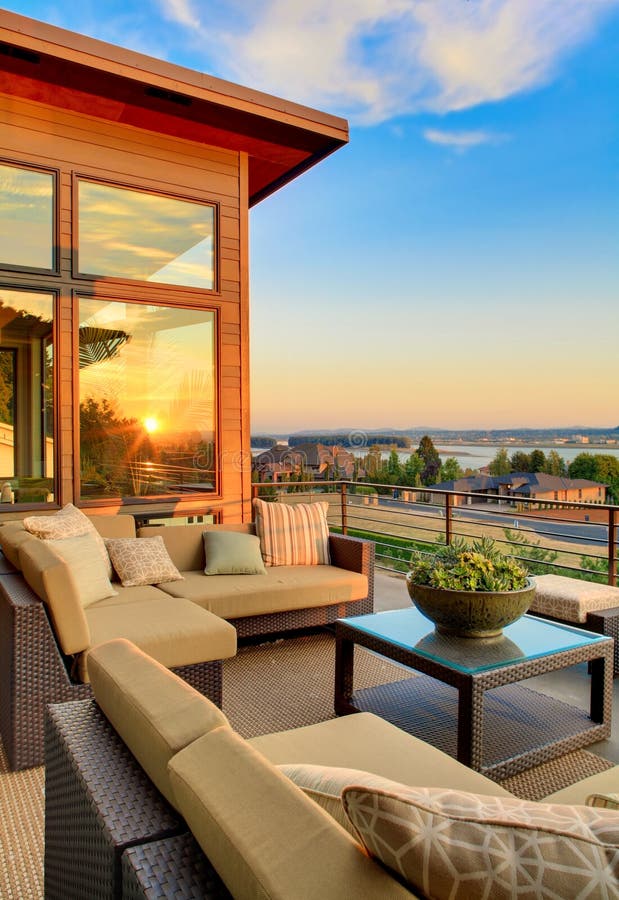 Home with Outdoor Patio and Sunset View Stock Image Image of deck