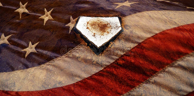 home-plate-baseball-placebo-no-jogo-americano-flag-foto-de-stock