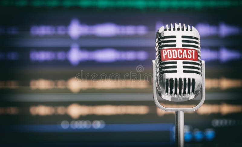 Home Podcast Studio. Microphone with a podcast icon stock image Home Podcast Studio. Microphone with a podcast icon stock image