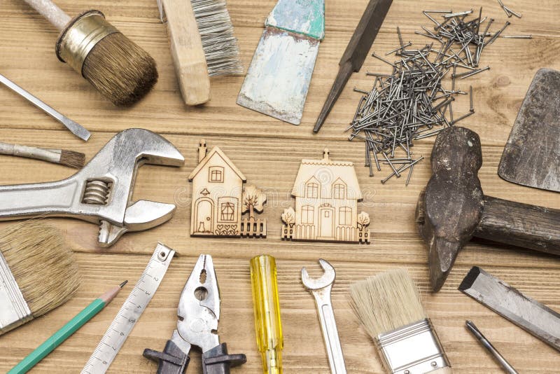 Home repair tools for manual repair and restoration work, old and dusty tools