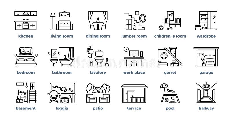 Home rooms line icons. Living room bedroom kitchen bathroom simple outline pictograms. Vector home furniture set