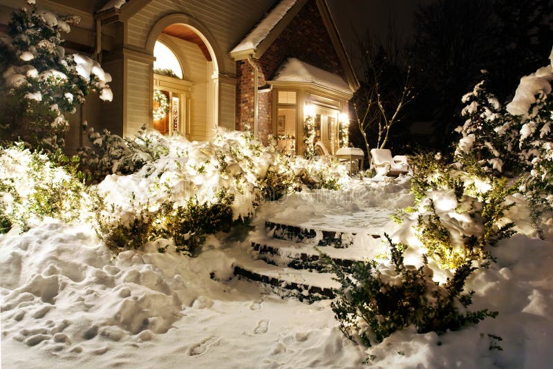 Home S Snowy Christmas Lights Stock Image Image of residential, steps