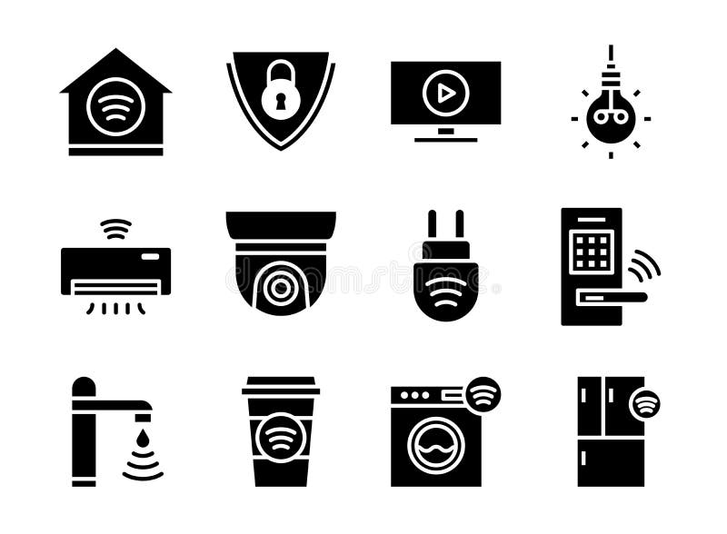 Home smart devices icon set black solid style. Symbols for website, magazine, app and design stock illustration