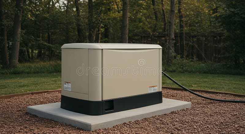 Home standby generator on concrete pad with gravel and yard outdoors royalty free illustration
