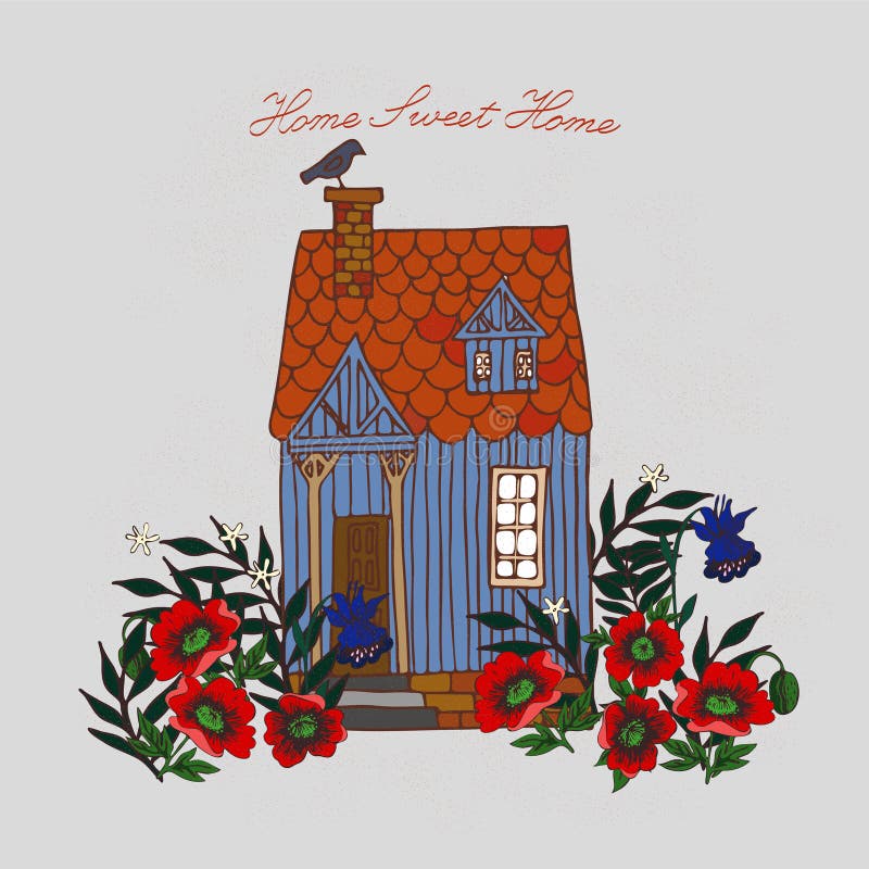 Home Sweet Home. card with cottage surrounded by flowers vector image royalty free illustration Home Sweet Home. card with cottage surrounded by flowers vector image royalty free illustration