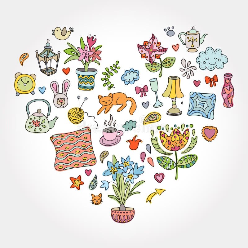 Home Sweet Home. Set Of Hand Drawn Vector Home Interior Doodles. Stock