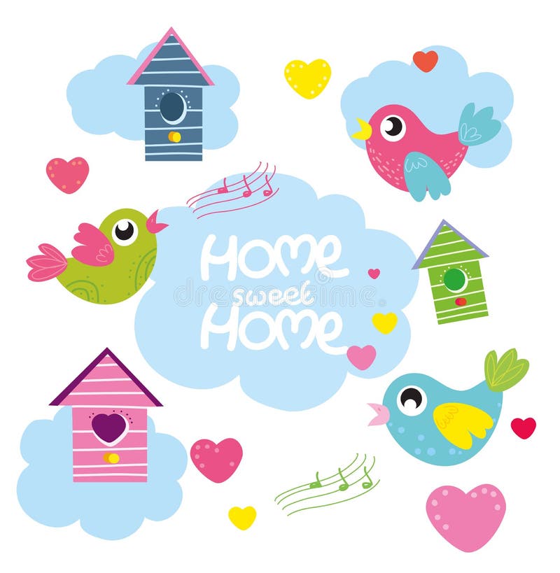 Home sweet home, vector set cartoon birds, hearts, bird house.