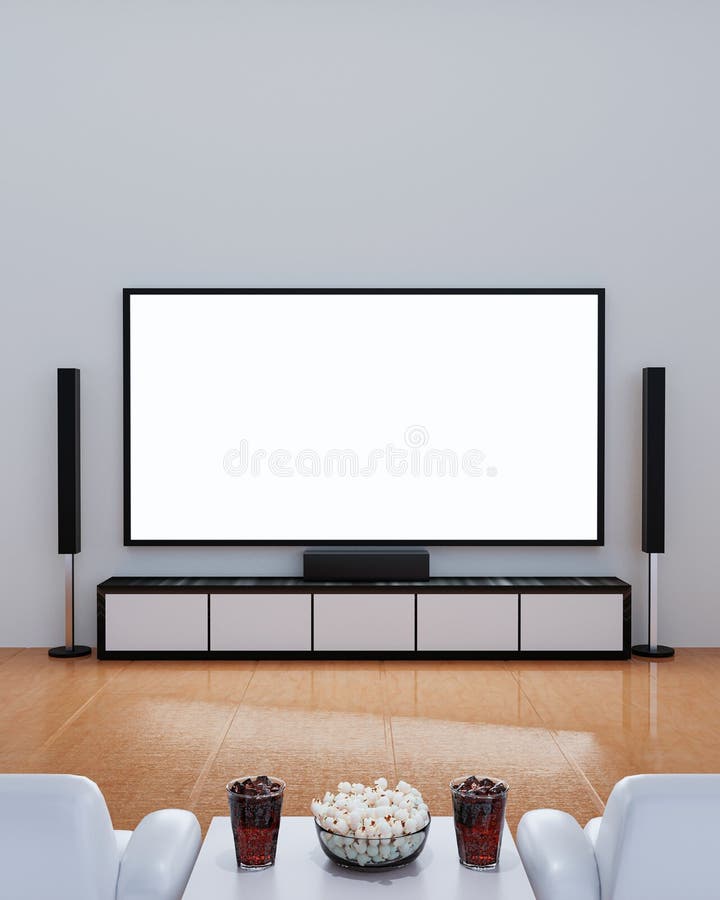 Home Theater on White Plaster Wall. Big Wall Screen TV and Audio Equipment  Use for Mini Home Theater Stock Illustration - Illustration of enjoyment,  modern: 218422547