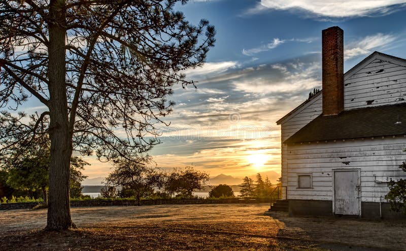 Historical Military Barracks at Sunset in Discovery Park, Seattle, Washington