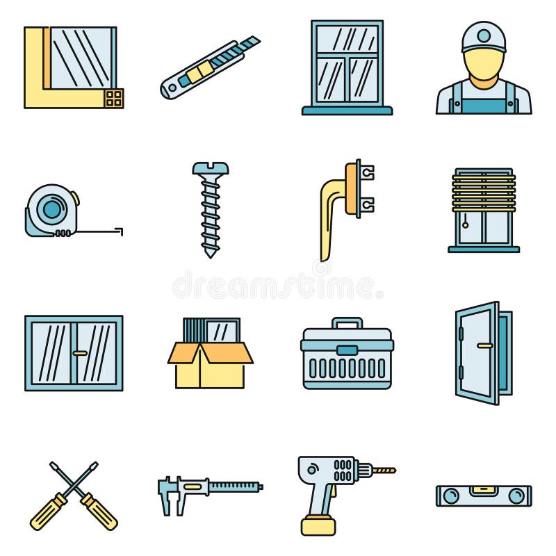 Home window installation icons set vector color stock illustration