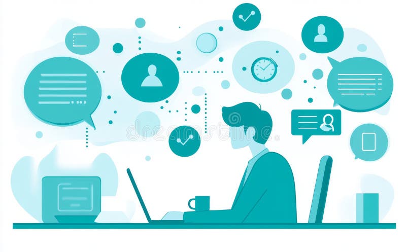 Home working is illustrated in a modern flat style, showcasing a young freelancer using a laptop or computer, embodying royalty free illustration