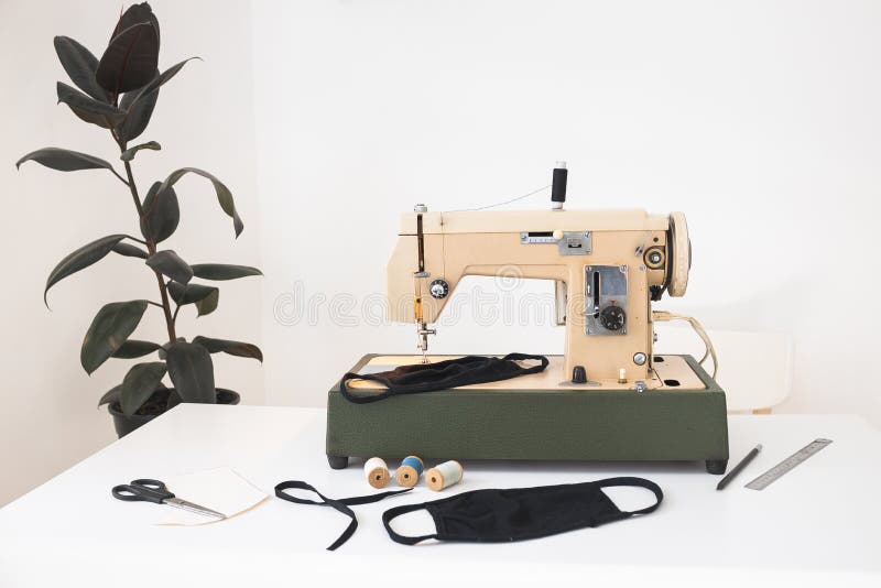 Home Workplace with Sewing Machine, Threads of Sewing Protective
