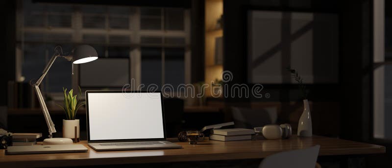 Home Workspace at Night with Laptop Mockup, Light from Table Lamp Over ...
