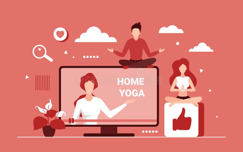 Home yoga online course on computer screen and woman trainer royalty free illustration