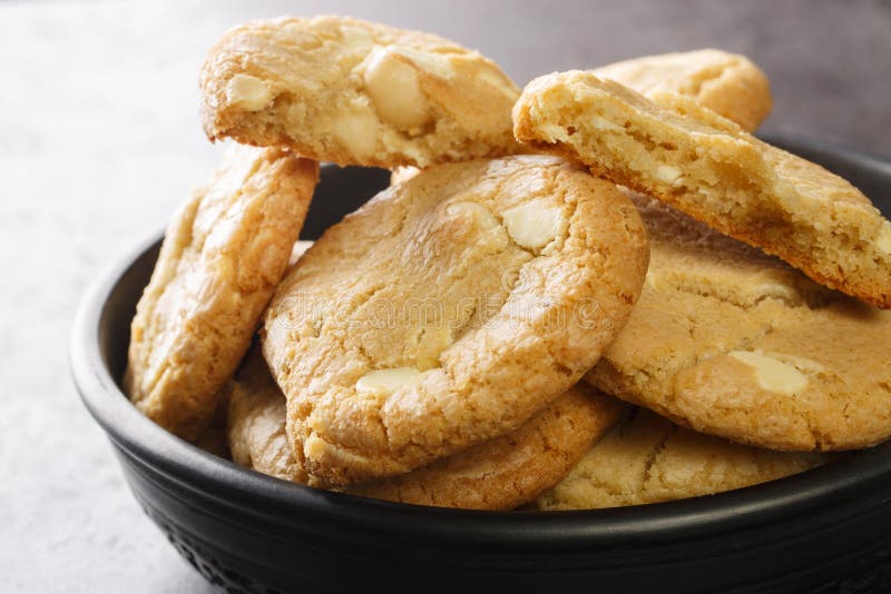 Homebaked White Chocolate Chip Cookies with Macadamia Nuts Closeup