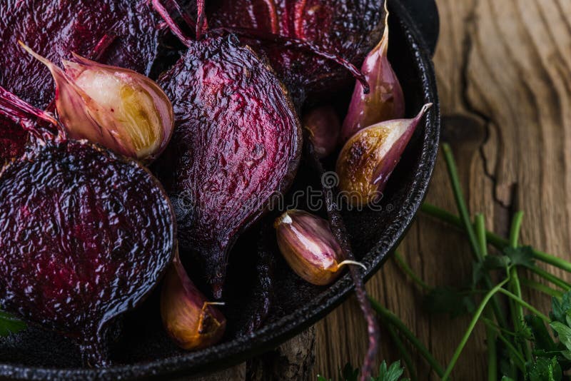 Homegrown roasted beets and garlic, plant based food, local produce