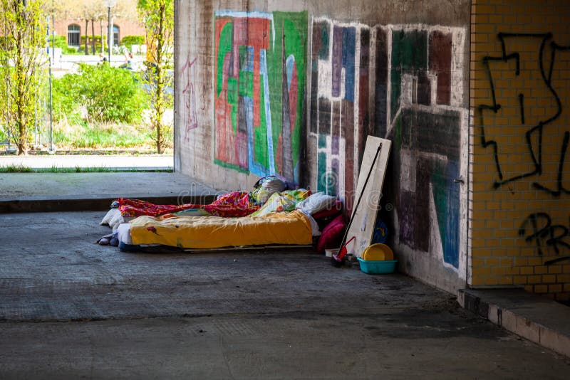 Homeless Beds in Spring in Urban Setting Editorial Stock Photo Image of bedding, desolate