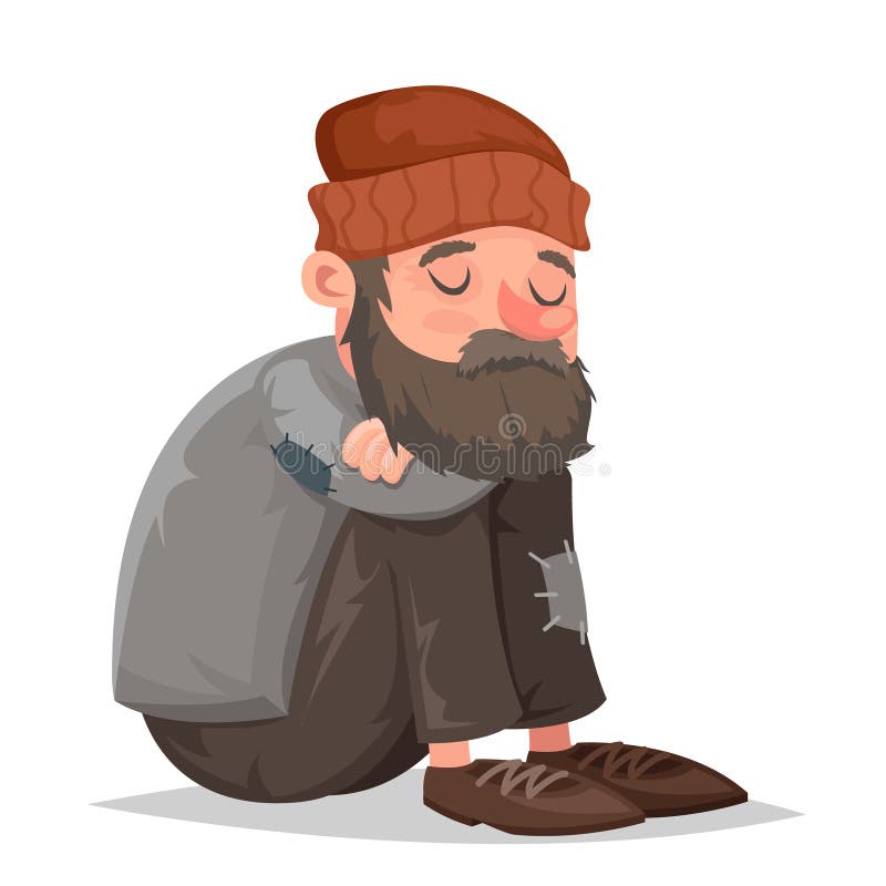 Homeless bum poor male depressed character isolated icon cartoon design vector illustration