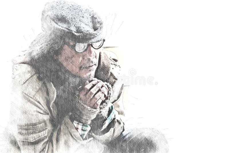 Please help homeless man on walkway street in the capital city on watercolor painting background. Please help homeless man on walkway street in the capital city on watercolor painting background.