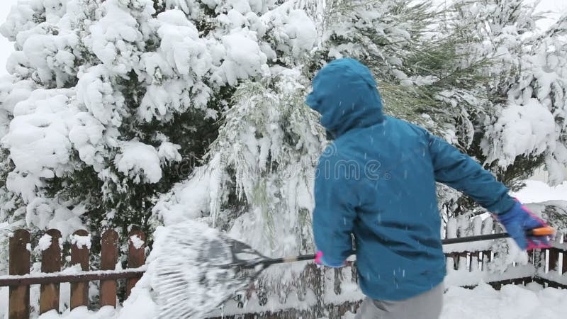 Homem adulto retirando neve de árvores no jardim