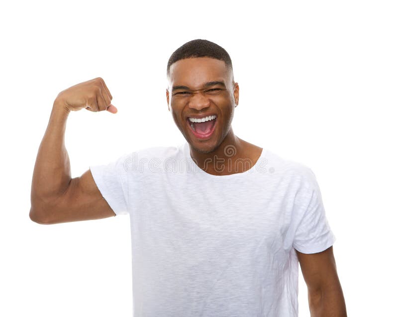 Homem afro-americano feliz que dobra o músculo do braço fotos de stock Homem afro-americano feliz que dobra o músculo do braço fotos de stock