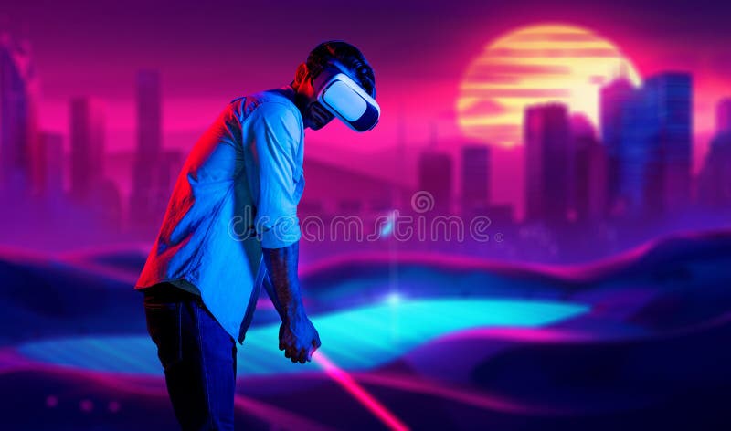 Caucasian man playing golf in metaverse while wearing VR goggles to enter simulated virtual world. Handsome gamer using virtual reality glasses enter in neon golf course. Innovation. Sport. Deviation. Caucasian man playing golf in metaverse while wearing VR goggles to enter simulated virtual world. Handsome gamer using virtual reality glasses enter in neon golf course. Innovation. Sport. Deviation.