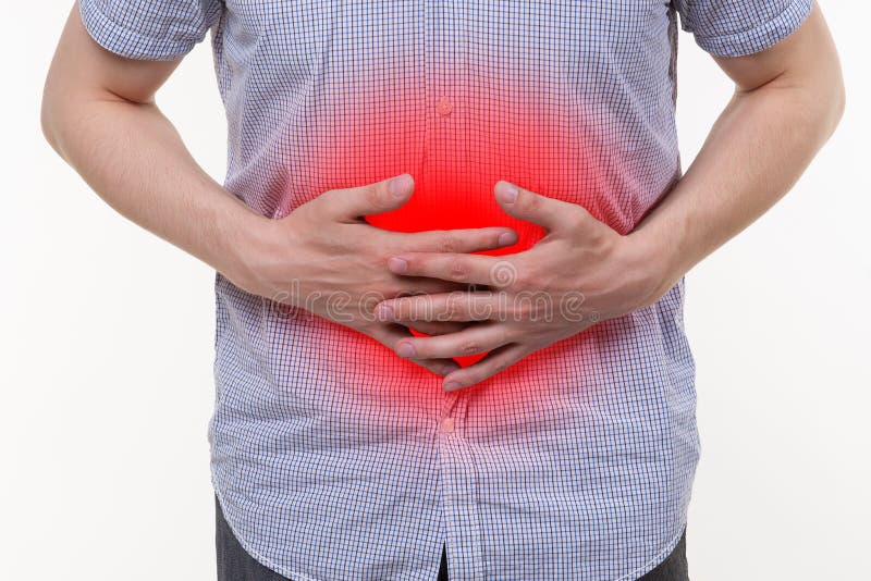 Man with abdominal pain, stomach ache, painful area highlighted in red. Man with abdominal pain, stomach ache, painful area highlighted in red