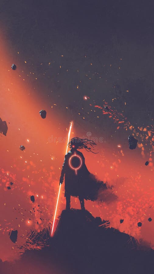 Homem com a espada leve que está contra o espaço vermelho ilustração do vetor Homem com a espada leve que está contra o espaço vermelho ilustração do vetor