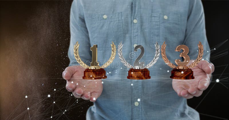 Digital composite of Man with trophies on hands. Digital composite of Man with trophies on hands