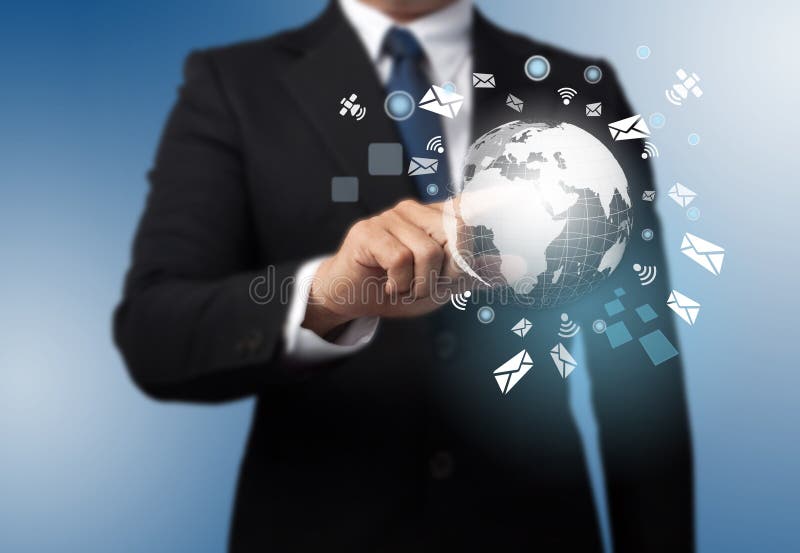 Homem com um fundo global da tecnologia fotos de stock Homem com um fundo global da tecnologia fotos de stock