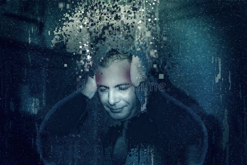 Homem com um projeto futurista da dor de cabeça, overthinking, necessidade para a inteligência artificial Homem com um projeto futurista da dor de cabeça, overthinking, necessidade para a inteligência artificial