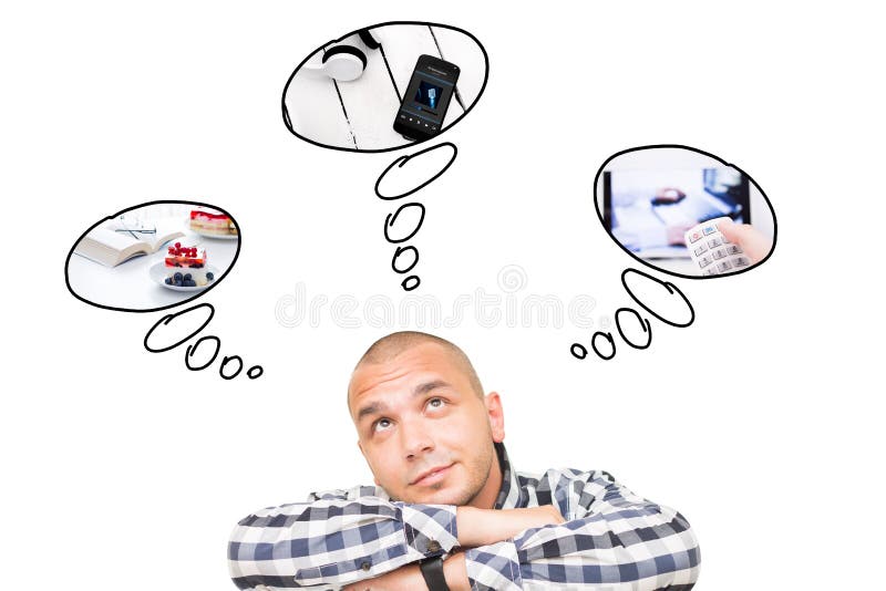 Homem considerável que pensa como passar o tempo livre fotografia de stock royalty free Homem considerável que pensa como passar o tempo livre fotografia de stock royalty free