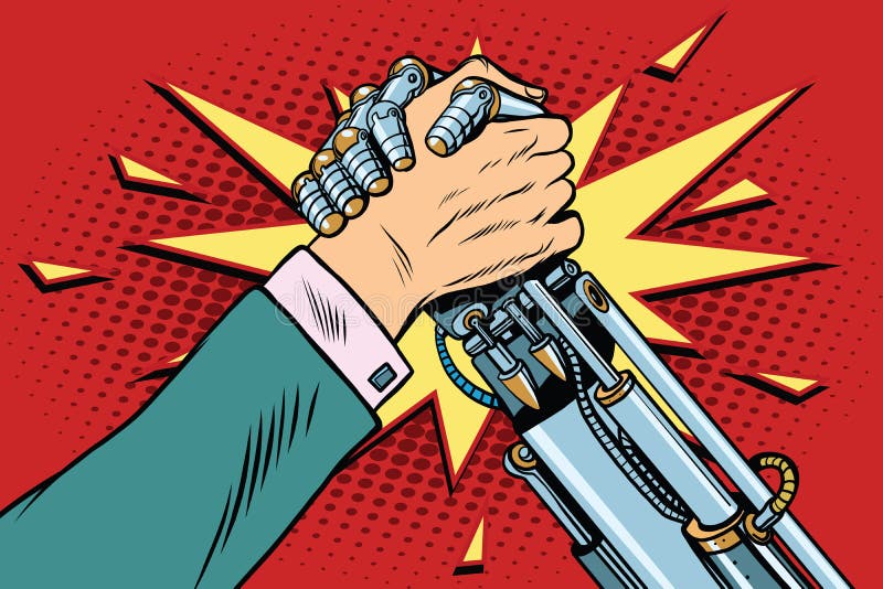 Man vs robot Arm wrestling fight confrontation, pop art retro vector illustration. New technology progress. Man vs robot Arm wrestling fight confrontation, pop art retro vector illustration. New technology progress