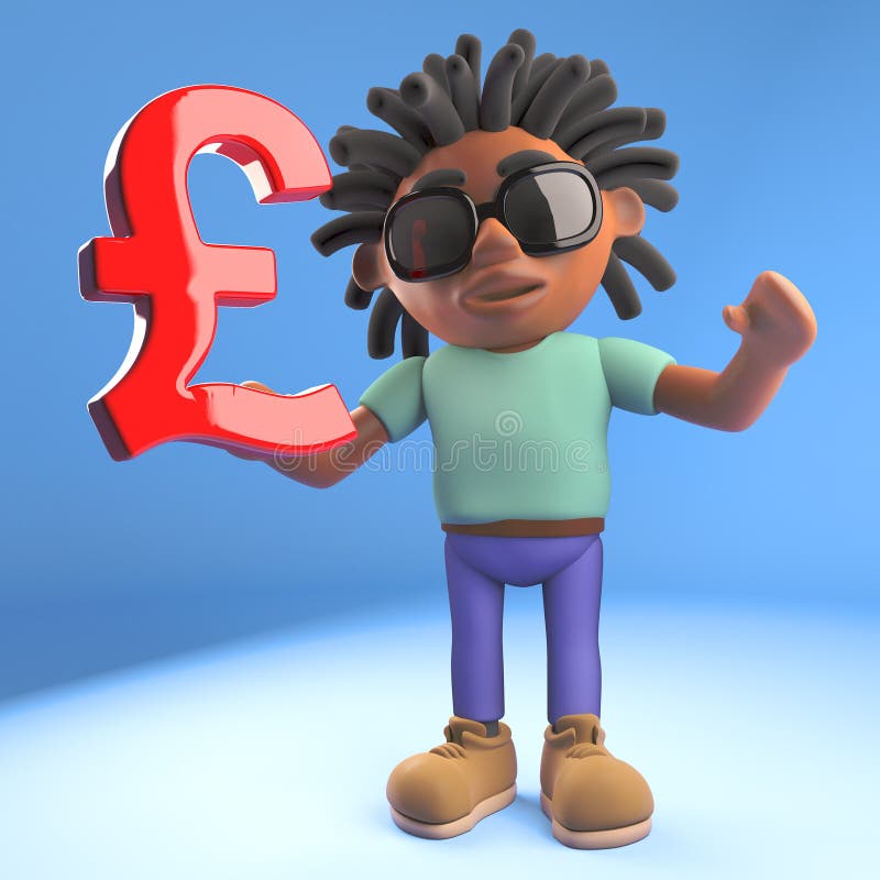 Homem das caraíbas do Afro do preto dos desenhos animados com os dreadlocks que guardam um símbolo BRITÂNICO de libra esterlina, ilustração do vetor Homem das caraíbas do Afro do preto dos desenhos animados com os dreadlocks que guardam um símbolo BRITÂNICO de libra esterlina, ilustração do vetor