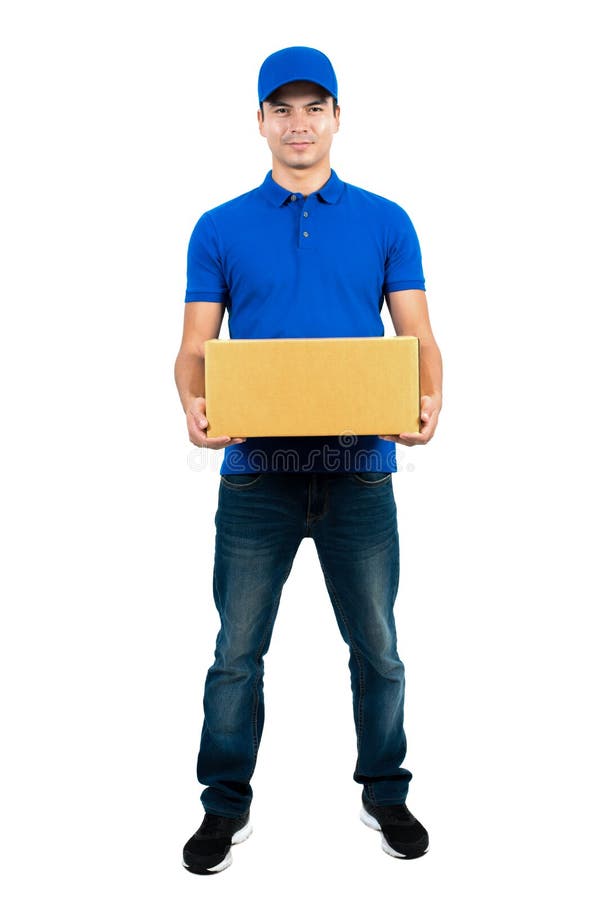Homem de entrega considerável que guarda a caixa do pacote imagens de stock royalty free Homem de entrega considerável que guarda a caixa do pacote imagens de stock royalty free
