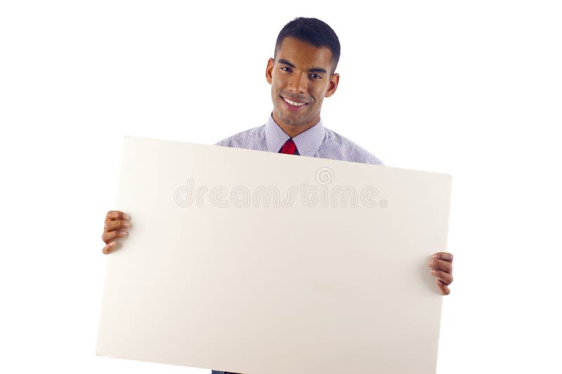 African American / Hispanic Business Man Displaying a Banner Ad. - Isolated over a white background. African American / Hispanic Business Man Displaying a Banner Ad. - Isolated over a white background