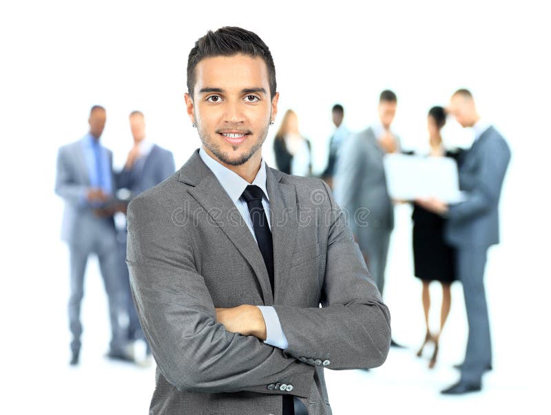 Homem de negócios e a sua equipa sobre um fundo branco imagens de stock royalty free