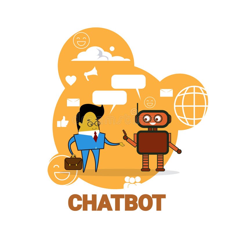 Homem de negócio que conversa com conceito moderno da tecnologia do apoio do robô do bot da vibração do ícone de Chatbot ilustração do vetor Homem de negócio que conversa com conceito moderno da tecnologia do apoio do robô do bot da vibração do ícone de Chatbot ilustração do vetor