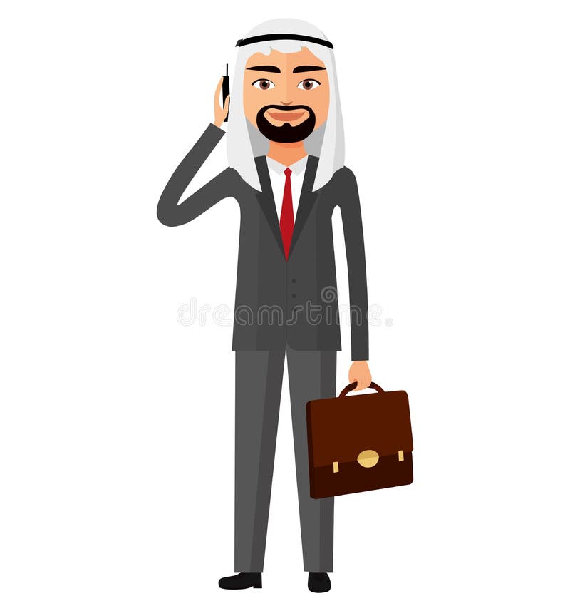 Homem de negócio saudita que fala o vetor liso IL dos desenhos animados do telefone ilustração stock Homem de negócio saudita que fala o vetor liso IL dos desenhos animados do telefone ilustração stock