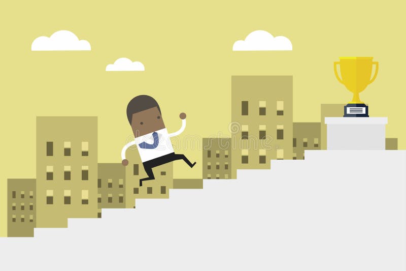 Homem de negócios africano que corre acima escadas, preço da vitória do homem de negócio do conceito ilustração stock Homem de negócios africano que corre acima escadas, preço da vitória do homem de negócio do conceito ilustração stock
