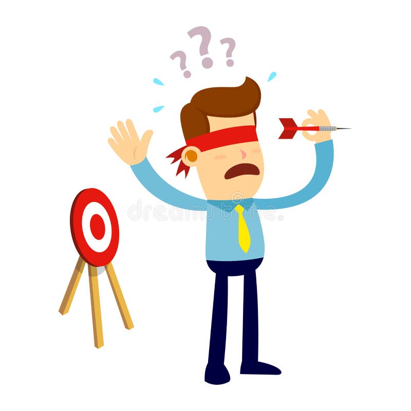 Homem de negócios With Blindfold Trying para jogar uma seta do dardo ilustração do vetor
