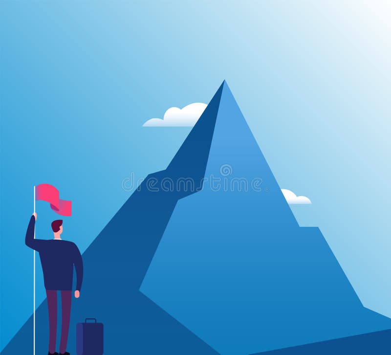 Businessman with flag at mountain. New purpose, success vision and goals achievement, business vector concept. Illustration of businessman purpose target and goal peak. Businessman with flag at mountain. New purpose, success vision and goals achievement, business vector concept. Illustration of businessman purpose target and goal peak