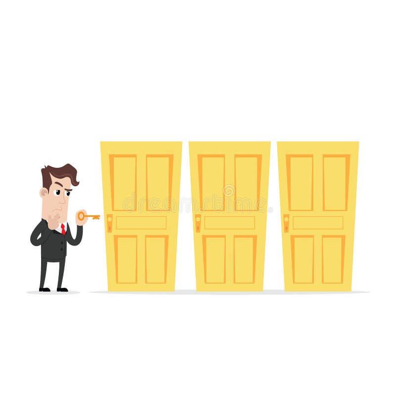Homem de negócios confuso que guarda uma chave que escolhe a porta direita ilustração royalty free Homem de negócios confuso que guarda uma chave que escolhe a porta direita ilustração royalty free