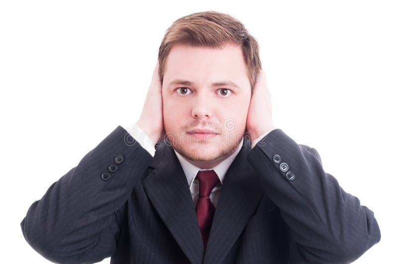Homem de negócios, contador ou gerente financeiro cobrindo suas orelhas foto de stock royalty free