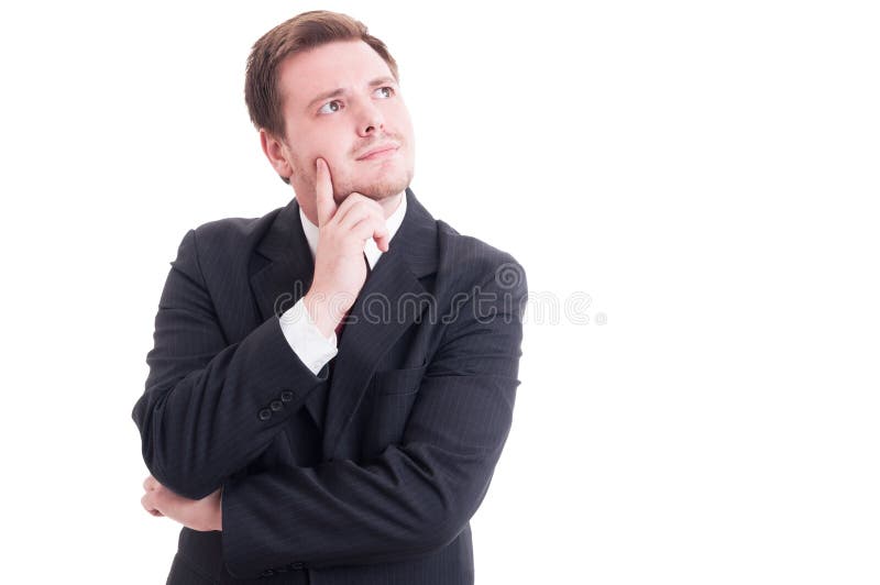 Homem de negócios, contador ou gerente financeiro pensando profundamente foto de stock royalty free