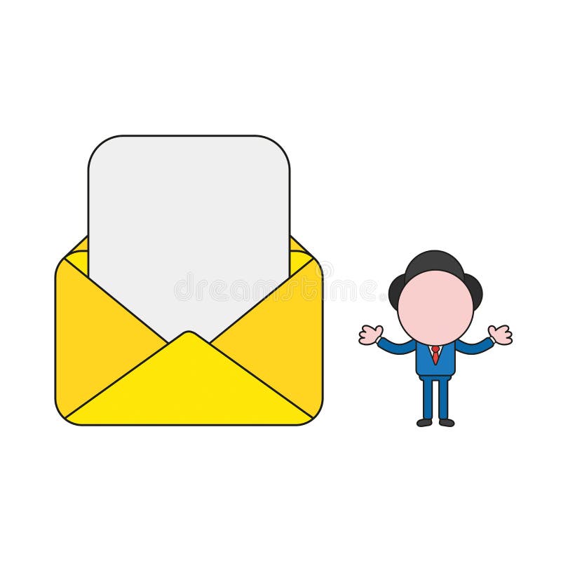 Homem de negócios do vetor com papel vazio no envelope aberto do correio Cor e esboços pretos ilustração do vetor Homem de negócios do vetor com papel vazio no envelope aberto do correio Cor e esboços pretos ilustração do vetor