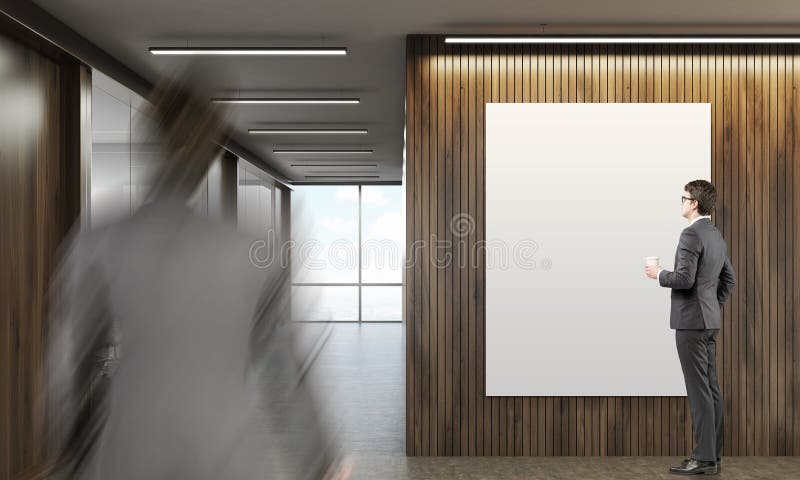 Two people in company's lobby. One is looking at poster on wooden wall. The second is approaching him. Mock up. 3d rendering. Two people in company's lobby. One is looking at poster on wooden wall. The second is approaching him. Mock up. 3d rendering