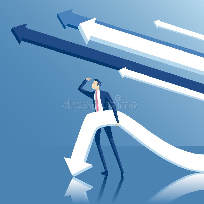 Business concept ambitions, volition and purpose, vector illustration of standing businessman looking into the distance with arrows or pointers on blue background. Business concept ambitions, volition and purpose, vector illustration of standing businessman looking into the distance with arrows or pointers on blue background