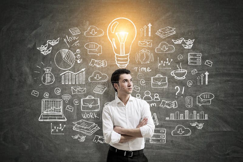 Homem de negócios e esquema da ideia imagem de stock Homem de negócios e esquema da ideia imagem de stock